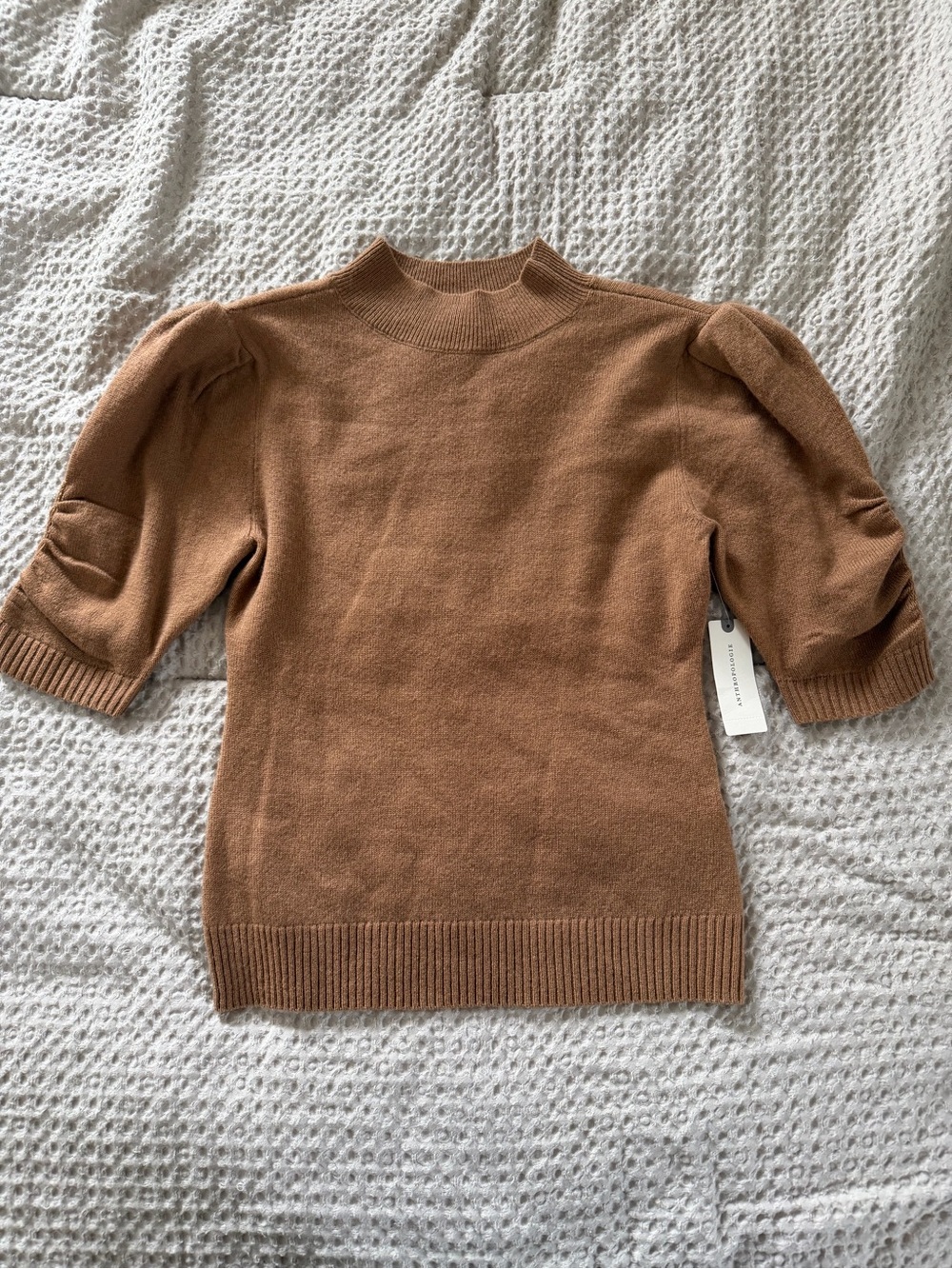 Anthropologie Camel Puff-Sleeve Mockneck Sweater